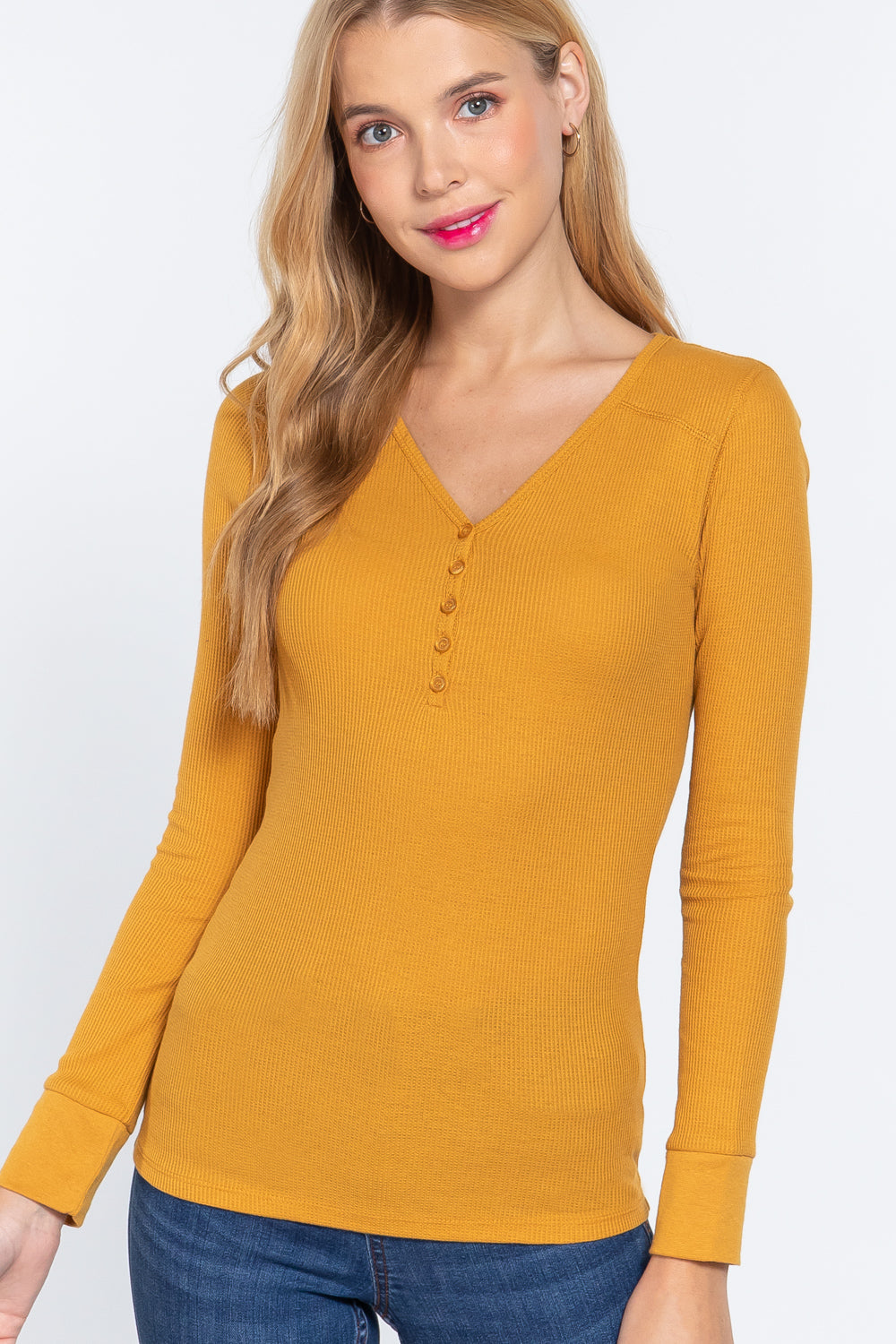 Long Slv V-neck Placket Thermal Top