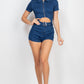 Belted Zip-up Denim Romper