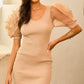 V Neck Contrast Flower Lace Bubble Sleeve Midi Bodycon Dress