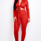 Solid Heavy Rayon Spandex Collared Tie Front Top And Ruched Pants Two Piece Set