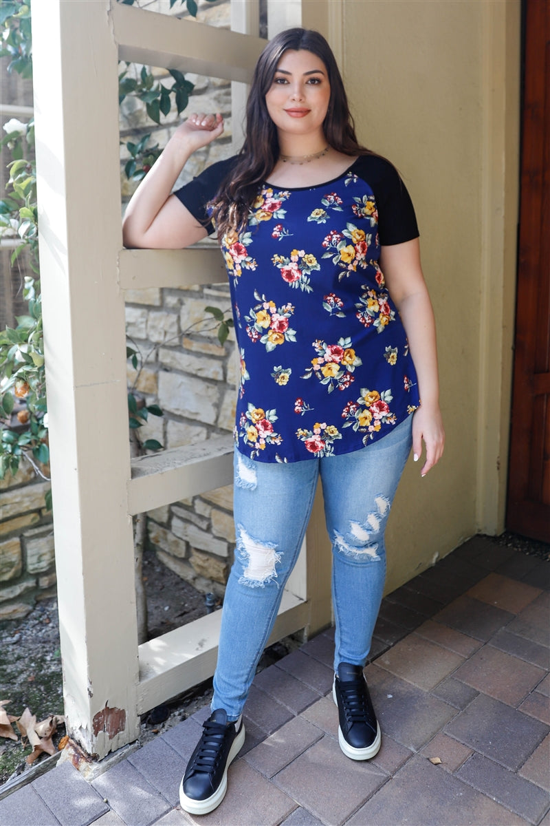 Plus Floral Print & Ribbed Black Colorblock Top