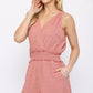 Textured Woven And Smocking Waist Romper With Back Open And Tie
