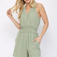 Textured Woven And Smocking Waist Romper With Back Open And Tie