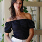Textured Ruched Detail Smocked Back Short Balloon Sleeve Crop Top