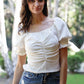 Textured Ruched Detail Smocked Back Short Balloon Sleeve Crop Top