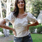 Textured Ruched Detail Smocked Back Short Balloon Sleeve Crop Top