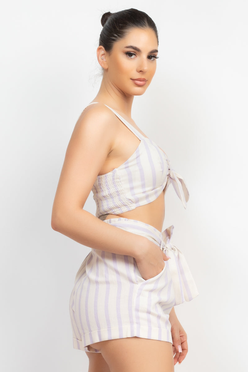 Tie-front Striped Crop Top & Belted Shorts Set