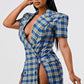 Wide Collared Double Breasted Plaid Blazer Mini Dress