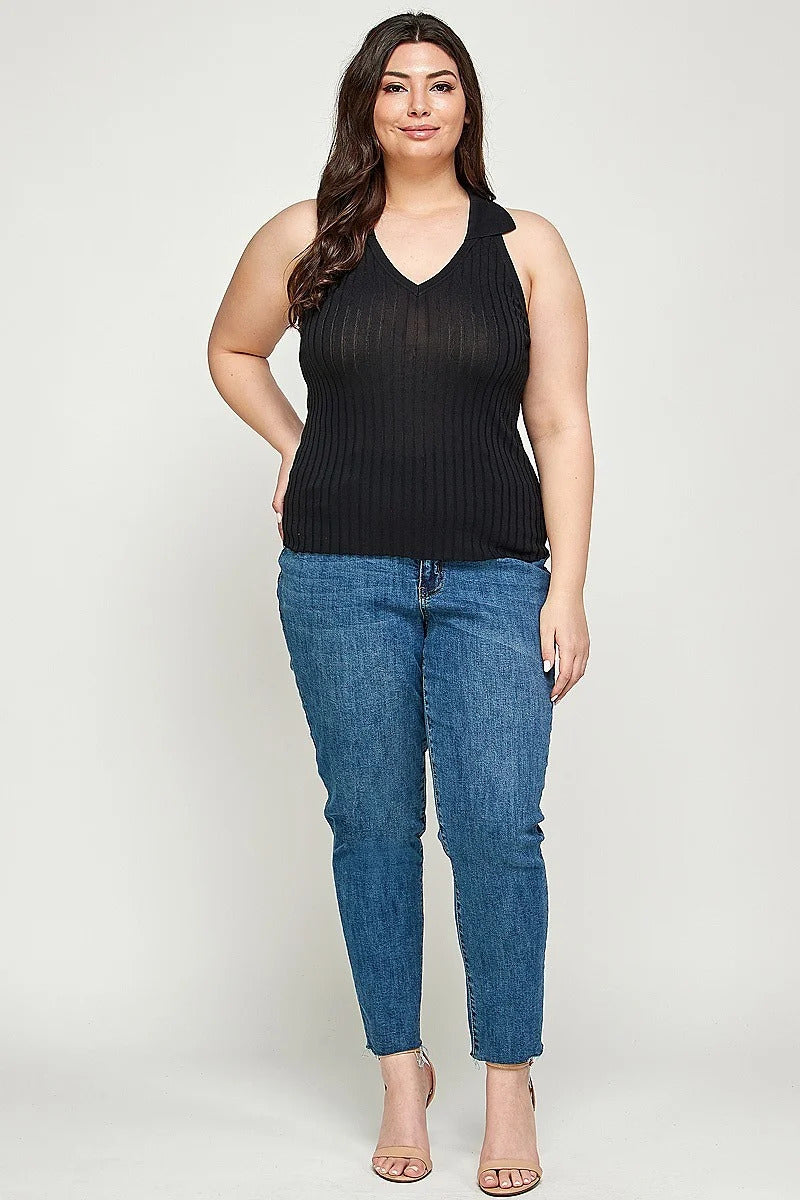 Plus Size, Solid Ribbed Knit Polo Sleeveless Top