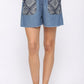 Denim And Print Pockets Elastic Waist Shorts With Raw Hem
