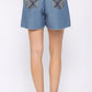 Denim And Print Pockets Elastic Waist Shorts With Raw Hem