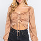 Long Sleeve Sweetheart Neck Front Ribbon Tie Detail Woven Top