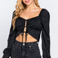 Long Sleeve Sweetheart Neck Front Ribbon Tie Detail Woven Top