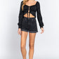 Long Sleeve Sweetheart Neck Front Ribbon Tie Detail Woven Top