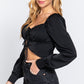 Long Sleeve Sweetheart Neck Front Ribbon Tie Detail Woven Top