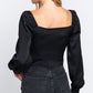 Long Sleeve Sweetheart Neck Front Ribbon Tie Detail Woven Top