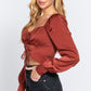 Long Sleeve Sweetheart Neck Front Ribbon Tie Detail Woven Top