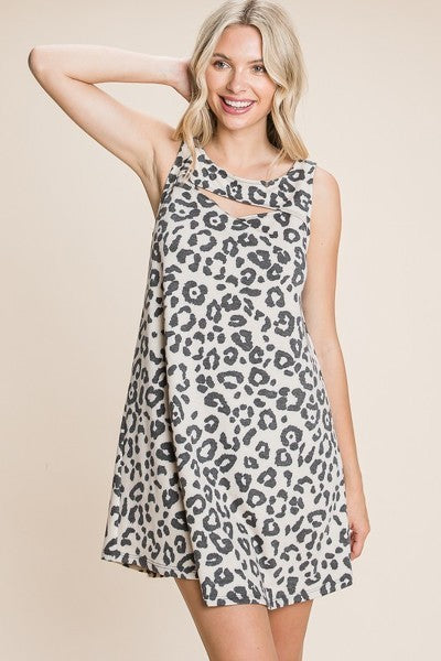 Cute Animal Print Cut Out Neckline Sleeveless Tunic Dress