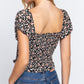 Short Slv Smocking Print Woven Top