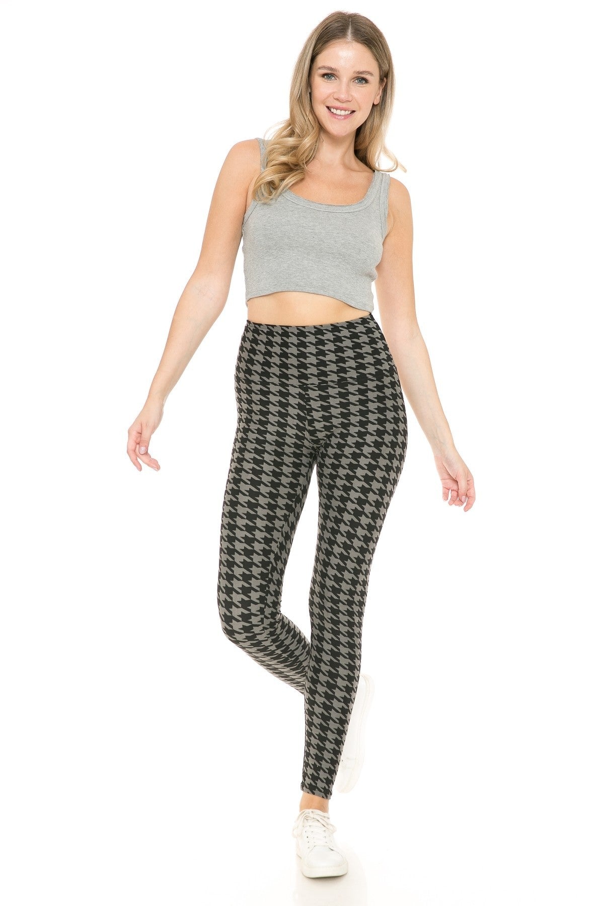 Houndstooth Print High Waist Leggings With 5 Yoga Style Waistband