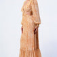 Printed V Neck Self Belted Side Cut Out Ruffled Maxi Dress