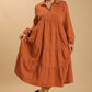 Textured Long Sleeve Collar Split Neck Tiered Maxi Dress