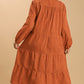 Textured Long Sleeve Collar Split Neck Tiered Maxi Dress