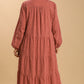 Textured Long Sleeve Collar Split Neck Tiered Maxi Dress