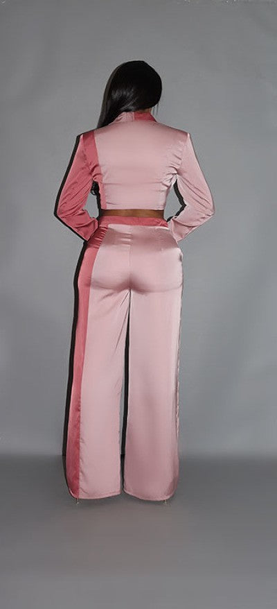 Colorblock Crop Blazer With Matching Low Rise Wide Leg Pant Set With Pockets