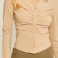 Woven Solid Ruched Front Long Sleeve