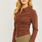 Woven Solid Ruched Front Long Sleeve