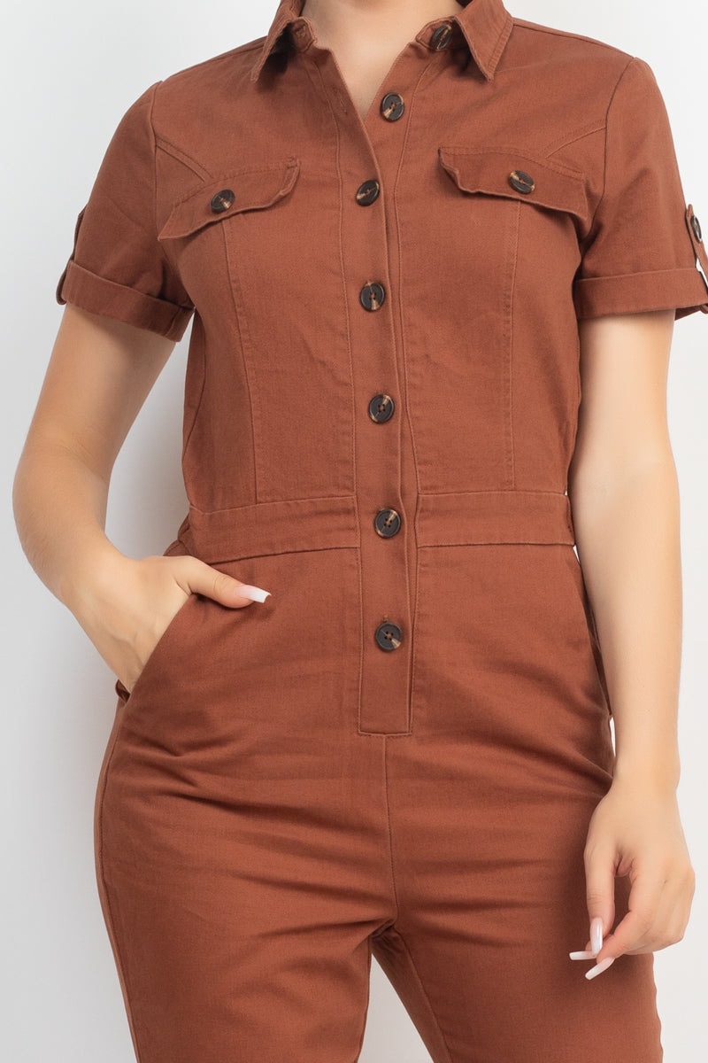 Collared Button-front Jumpsuit