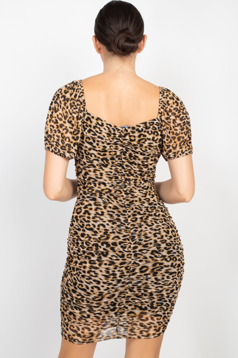 Ruched Leopard Print Bodycon Mini Dress