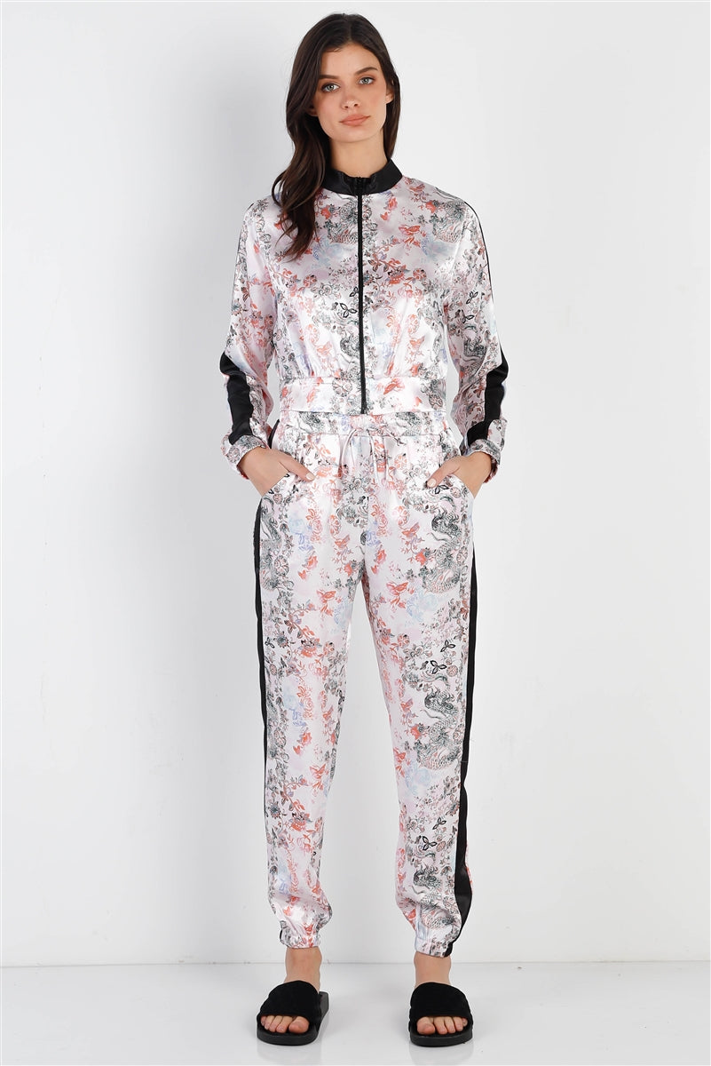 Black Contrast Satin Effect Multi Color Print Zip-up Jacket & Pants Set