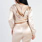 Satin Lace Details Long Sleeve Hooded Crop Top & Biker Short Set