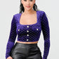 Lux Diamon Velvet Buttons Open Back Square Neck Long Sleeves Cropped Top