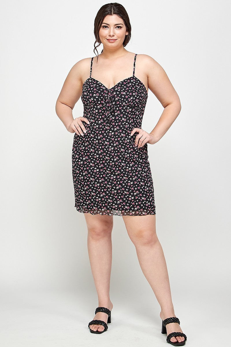 Plus Size Ditsy Floral Print On Mesh Fabric Cami Dress