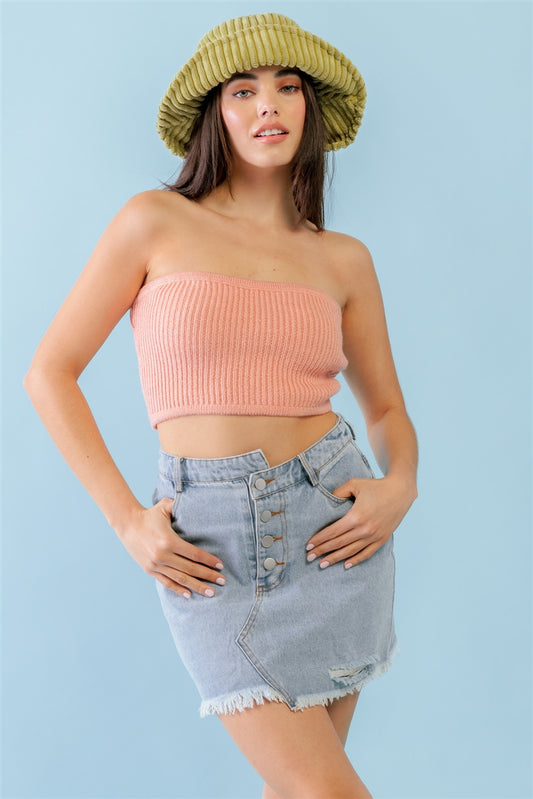 Dusty Peach Knit Strapless Crop Top