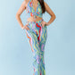Multicolor Abstract Print Halter V-neck Ruched Open Back Crop Top & High Waist Pants Set