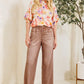Waist Elastic High-rise, Straight Fake Denim Print Pants