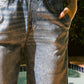 Waist Elastic High-rise, Straight Fake Denim Print Pants