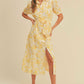 Button closure waist belt puff sleeve dress