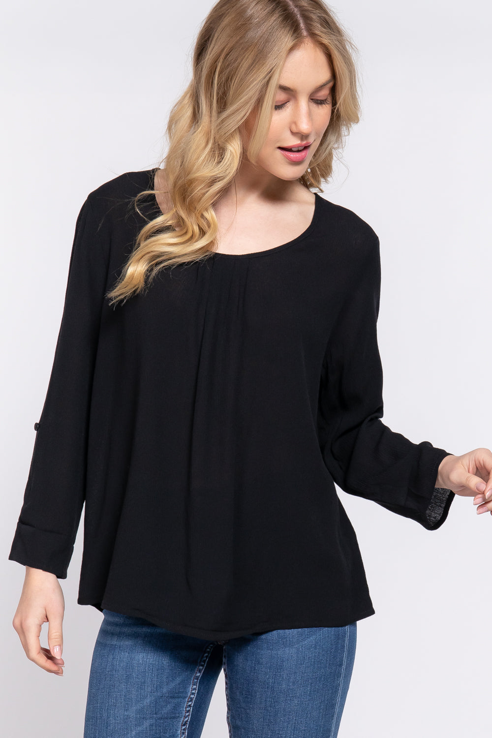 3/4 Roll Up Slv Pleated Blouse