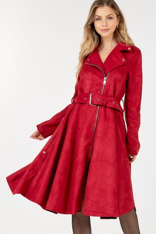 Waist Belt Tacked Faux Suede Coat Solid Coat