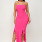 Solid Bottom Ruffle Trim Hem Slit Tube Maxi Dress