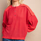 Waffle Knit And Fleece Contrast Henley Top With Button Front