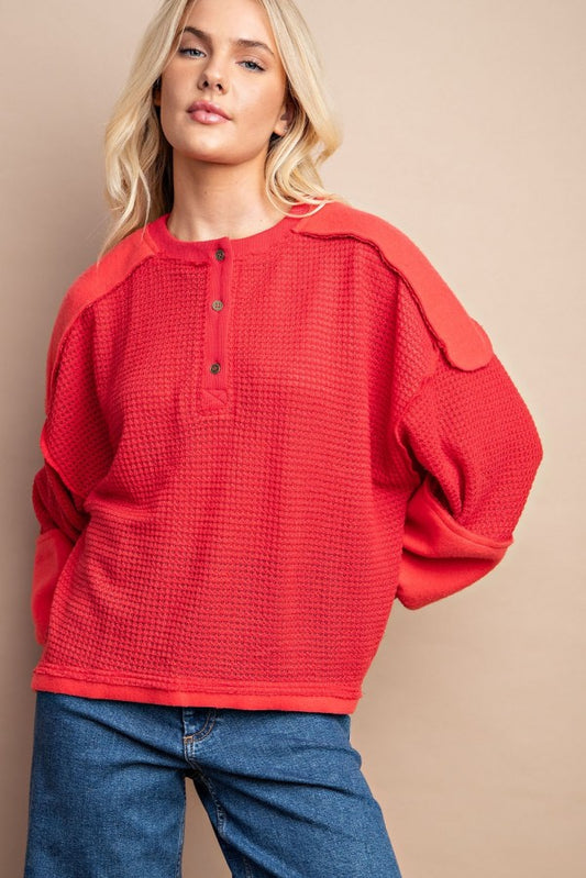 Waffle Knit And Fleece Contrast Henley Top With Button Front