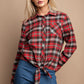 Tie Front Button Down Plaid Shirt With Front Pocket