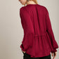 Satin V-neck Ruffle Baby Doll Top With Cuffed Long Sleeve