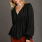Satin V-neck Ruffle Baby Doll Top With Cuffed Long Sleeve